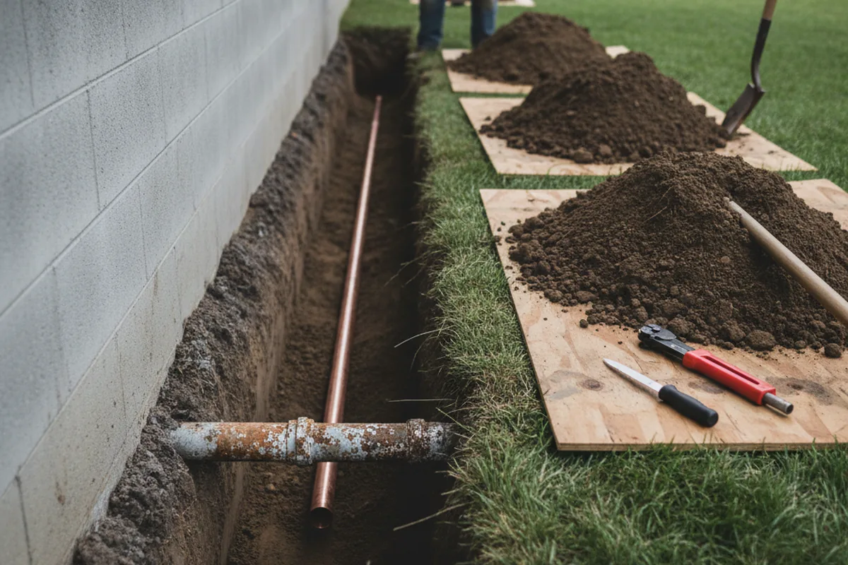 Excavated water line trench during Sewer Line Repair in Reserve